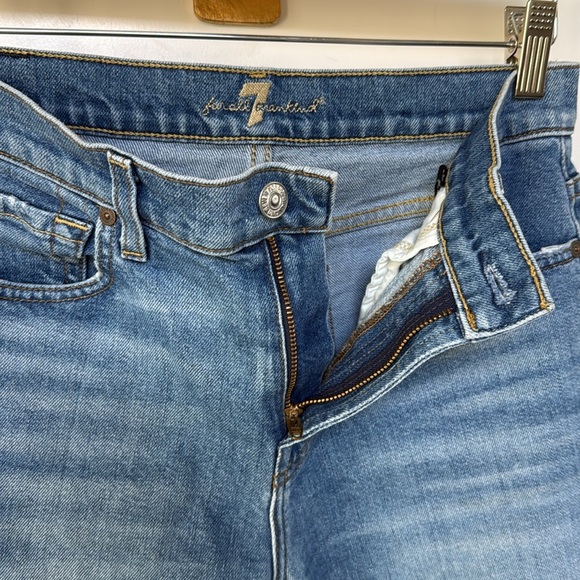 7 FOR ALL MANKIND High Waist Bermuda Denim Shorts Size 26 Medium Wash Raw Hem - Picture 10 of 15